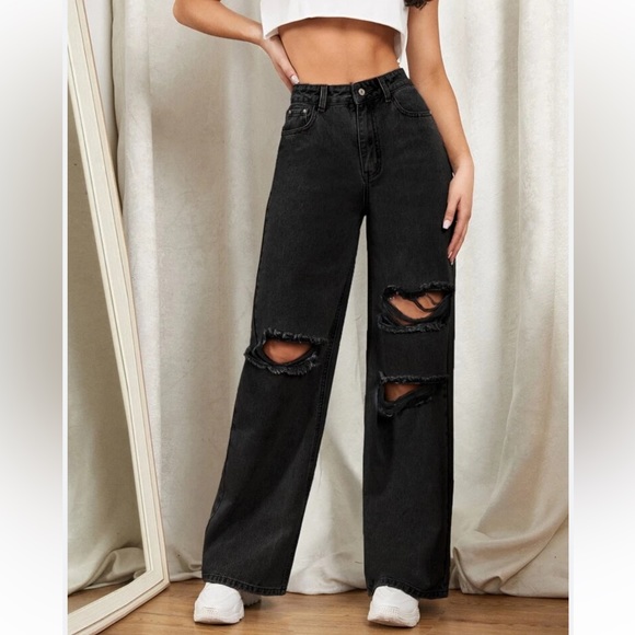Shein Ripped Distress Wide Leg Jeans Size 4 - Picture 1 of 15